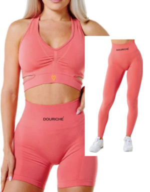 The image features a woman dressed in a pink sports bra and shorts