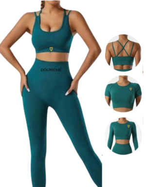 A stylish and functional green sports bra and matching leggings set